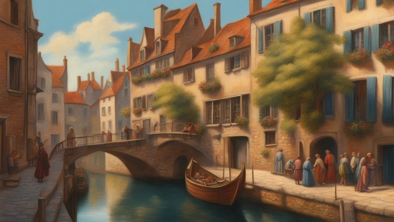 medieval buildings with balconies overhanging a canal, blue sky and people, photorealism, trees, foliage, piers, fantastical, intricate detail, concept art, people ultra sharp image, sharp focus, hyperrealism