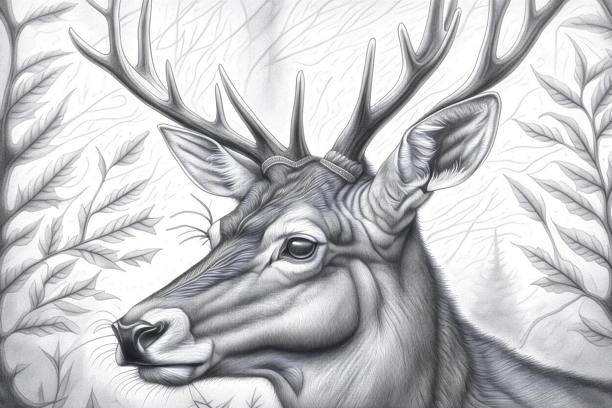 Deer gracefully roam the forest wearing their antlers like crowns of nobility. It’s a mesmerizing experience to spot a deer. - Pencil drawing.