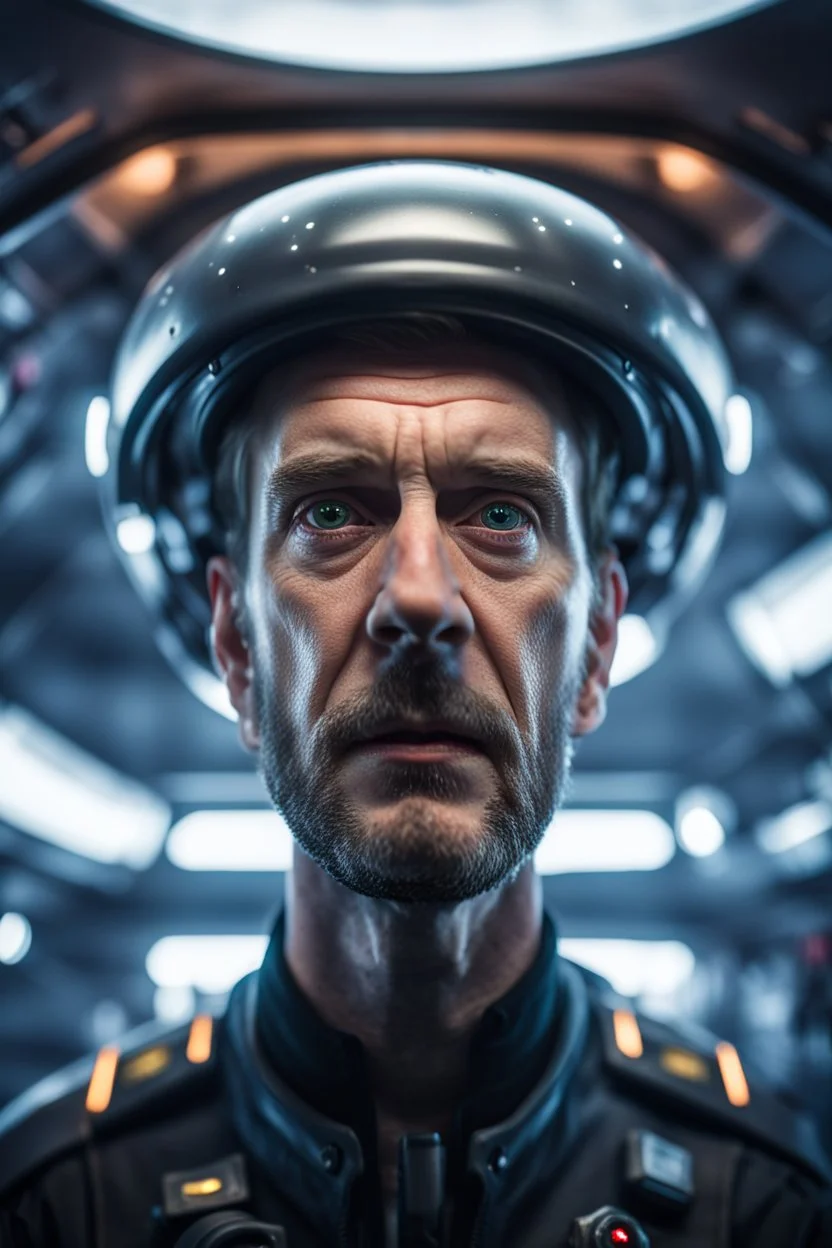 portrait of really scared captain on a misty catamaran dome modular house sub that looks like a dark twisted alien space ship with spotlights, in advanced hi tech dock, bokeh like f/0.8, tilt-shift lens 8k, high detail, smooth render, down-light, unreal engine, prize winning