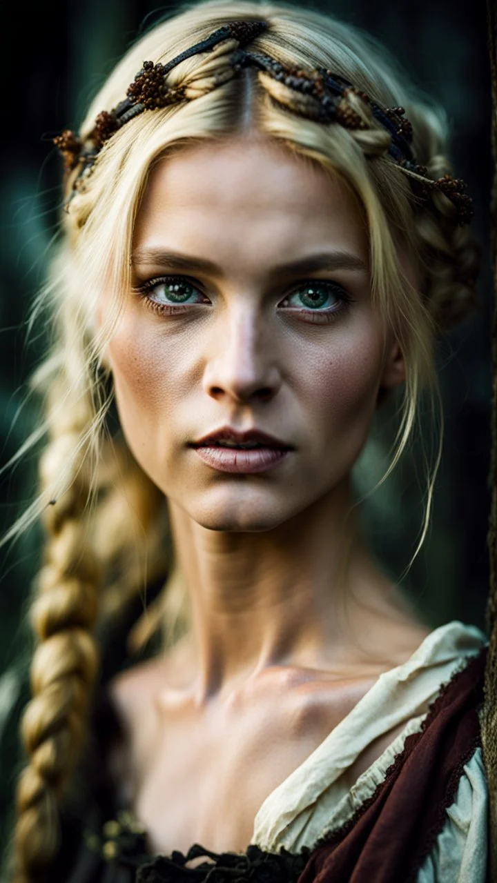 portrait of a poor young female peasant with blonde hair, Heterochromic eyes, Dark fantasy