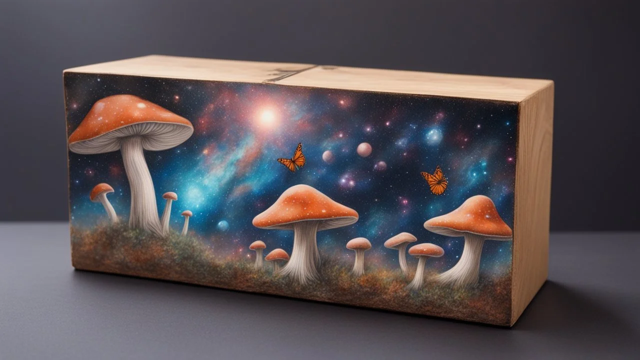 a box 10 cm long by 5 cm wide and 25 cm high, drawn on a box on all sides, butterfly mushrooms nebula, space, tress, planets, realistic