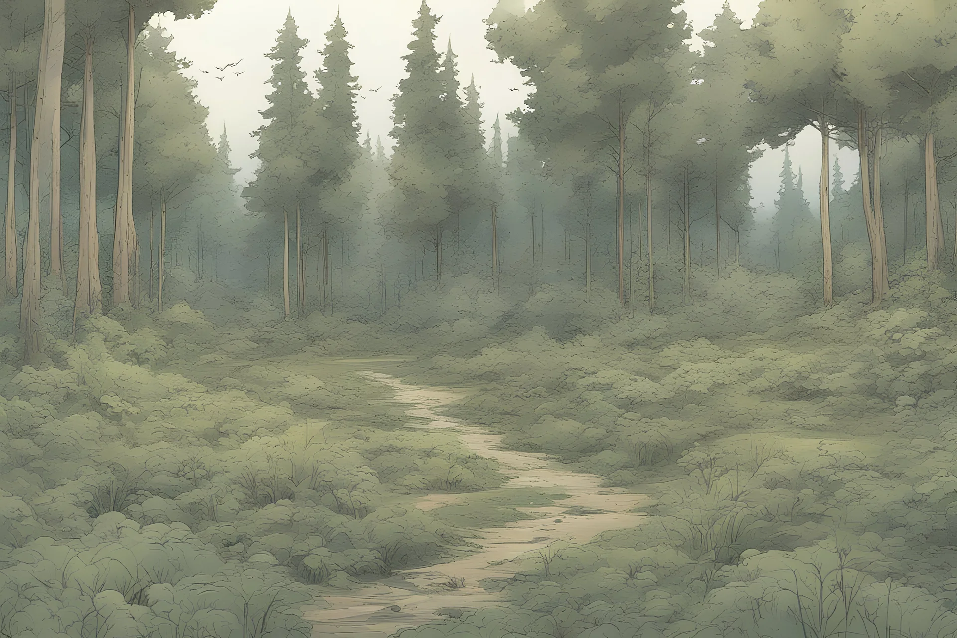 clearing, forest,overgrown, post-apocalyptic, comic book,