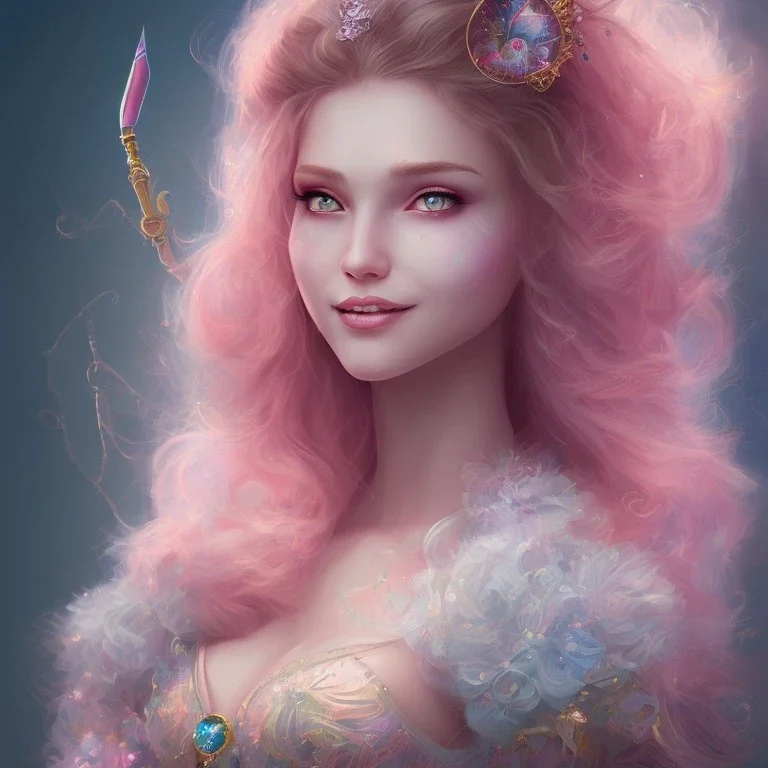 portrait, visage sourire, fée, magicienne, fantasy, bleu et rose