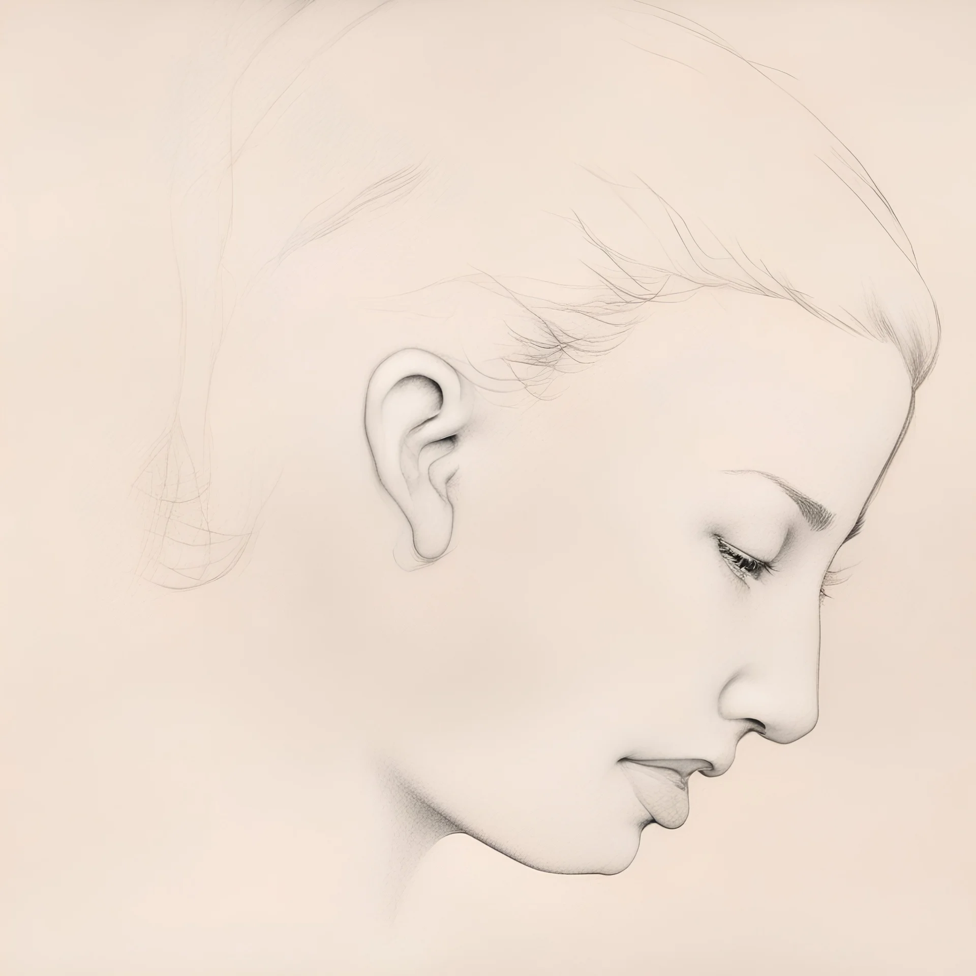 Realistic graphite portrait of a 35-year-old woman's face, redhead, chubby, chubby, thick, bbw, loose hair, big nose, prominent aquiline nose, defined features, defined thin lips, worried, low angle shot, soft lighting from above, slight smile Profile