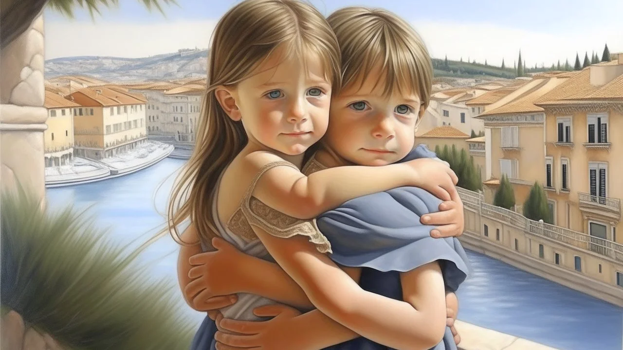 Neoclassicism little girl hugging little boy realistic cote d'azur