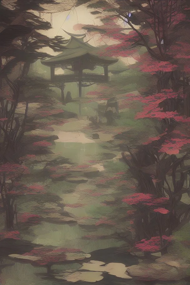 Somber Japanese garden in art nouveau style