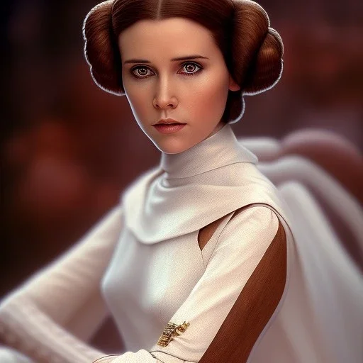 stunning half-body portrait photo of princess leia from Star Wars, hazel iris, wlop, artgerm, akihiko yoshida, and liang xing, detailed face, doe eyes, intricate braided hair style, symmetrical eyes, trending on artstation, highly detailed, white dress, dynamic pose, intricate outfit, space ship and galaxy background