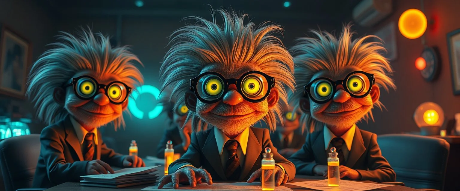 high class realism,, A really close up portrait of one person individually mutated with hairy wigs glowing, messed up uranium creatures in a dimly lit boardroom, wearing tiny suits and glasses, with playful expressions. The room is filled with scattered papers, glowing vials, and miniature nuclear reactors. Style: whimsical digital illustration, cinematic lighting, colorful