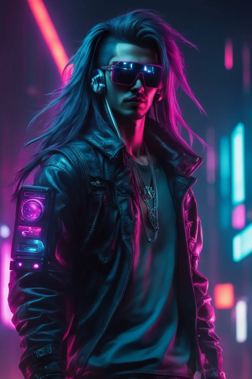 male cyberpunk solo with long hair, korean, Wearing Urban Gang Flash and mirrored dark sunglasses, headaphone, strong cyber warrior, black tatoo, attrakvtive man, Retroanime, rembradt lighting, neon complementary colors, dark vibe, scifi