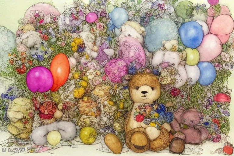 line art, watercolor wash, ( patchwork teddy bear sitting amongst flowers and balloons) brian froud style, carl larsson style, colourful palate, perfect composition, detailed background by daniel_merriamn summers day, studio photo, intricate details, highly detailed highly detailed elegant studio lighting intricate beautiful award winning crisp quality colourful very cute Daniel Merriam Daniel Gerhartz midjourney quality