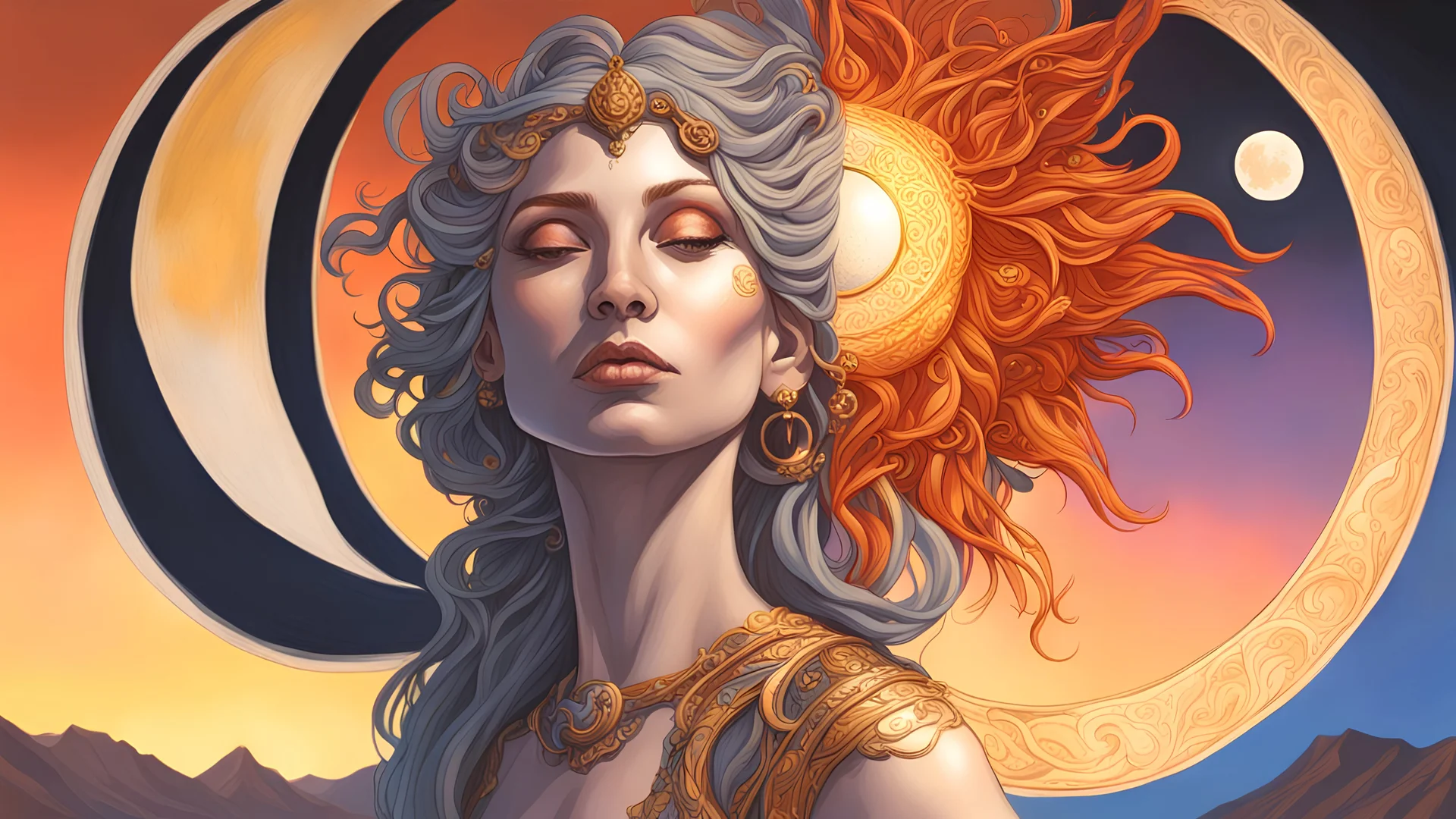 The Sun and the Moon setting at the same time. concept art, mid shot, intricately detailed, color depth, dramatic, 2/3 face angle, side light, colorful background. Painted by Julie Bell