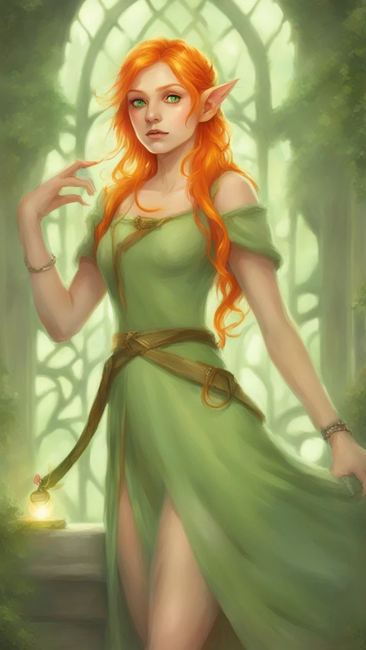 Hot Elf with orange hair and glowing green eyes She wears a light green dress