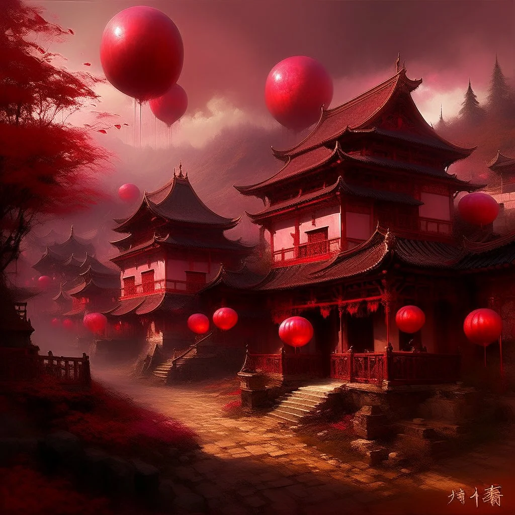 A dark reddish magenta oriental village with fiery orbs painted by Cai Jia