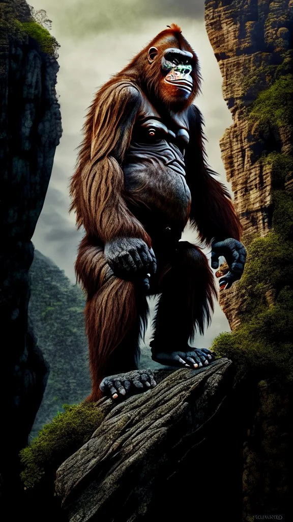 Orangutan Assassin Gothic symmetrical design standing on the edge of a cliff frontal view full body full arms full legs full head full hyper-detailed hyper-realistic ink art full legs 8k