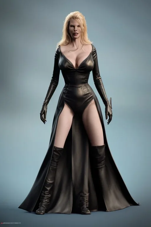 Kim Basinger in black leather gown, evil,energetic, villain, busty, cleavage, curvy, angry, happy, stern look. character design by cory loftis, fenghua zhong, ryohei hase, ismail inceoglu and ruan jia. unreal engine 5, artistic lighting, highly detailed, photorealistic, fantasy