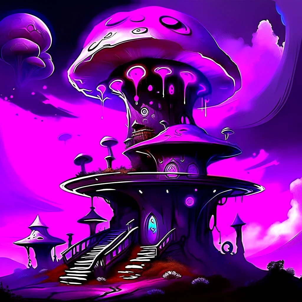 A fantabulous black, purple and magenta (((mushroom tower house))) erected atop a (geologic pillar), surrounded by the uncanny imaginative ((( swirling skies))), offset by the stark hues of a (neon-tinged nebulous space scape), within. captured by the hand a skilled master painter with a focus on (softly blurred compositions and voluminous lighting).