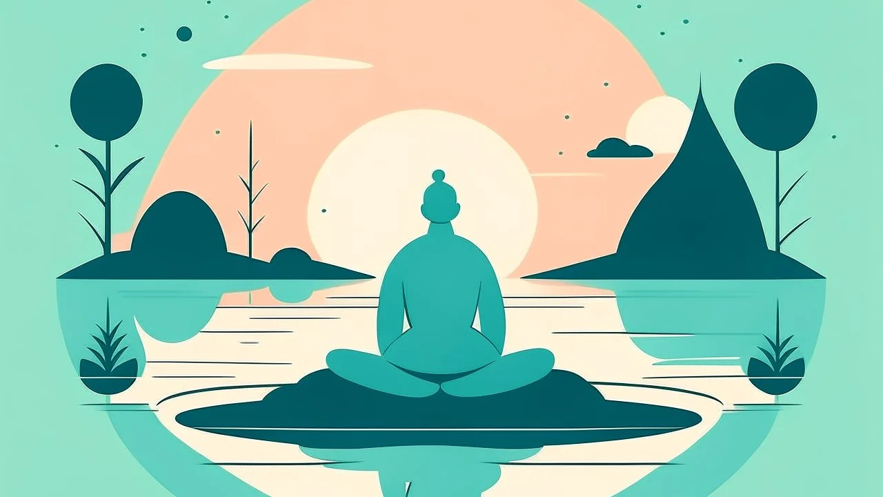 Create a minimalist, flat-style illustration capturing the essence of mindful meditation. Depict a character meditating in a natural setting using the chosen color palette - #87CEEB for a celestial sky, #00CED1 for tranquil waters, and #2C363F for grounding elements. Infuse a subtle grain texture for added depth. Emphasize simplicity and tranquility, portraying the transformative and holistic nature of the meditation experience.