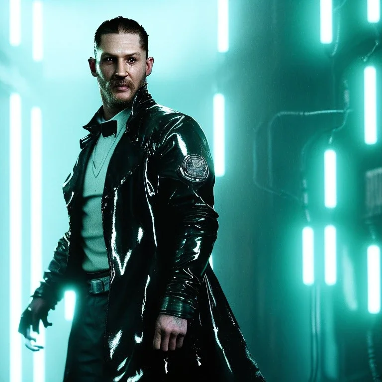 Actor, tom hardy, replicant man, blade runner style, rain, fog, neon ambient, gradient color, clean skin, circuits, latex coat, cyber punk, neon, tubes, portrait, studio photo, unreal engine 5, smooth color, 16 bit, god lights, ray tracing, RTX, lumen lighting, ultra deatail, volumetric lighting, 3d, finely drawn, hd.