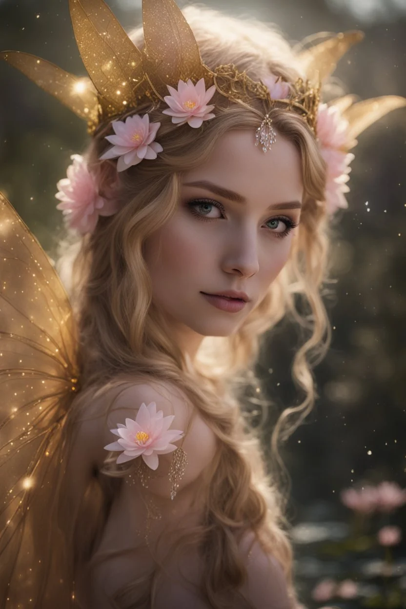 Pointed elven ears,Blonde hair ,Pink dress,Sparkling fairy wings,Very long golden hair,Fairy crown,pointed ears,elven ears,fairy wings,water lilies,sparkling,glittering,flowers,blossoms,golden crown,light pink dress