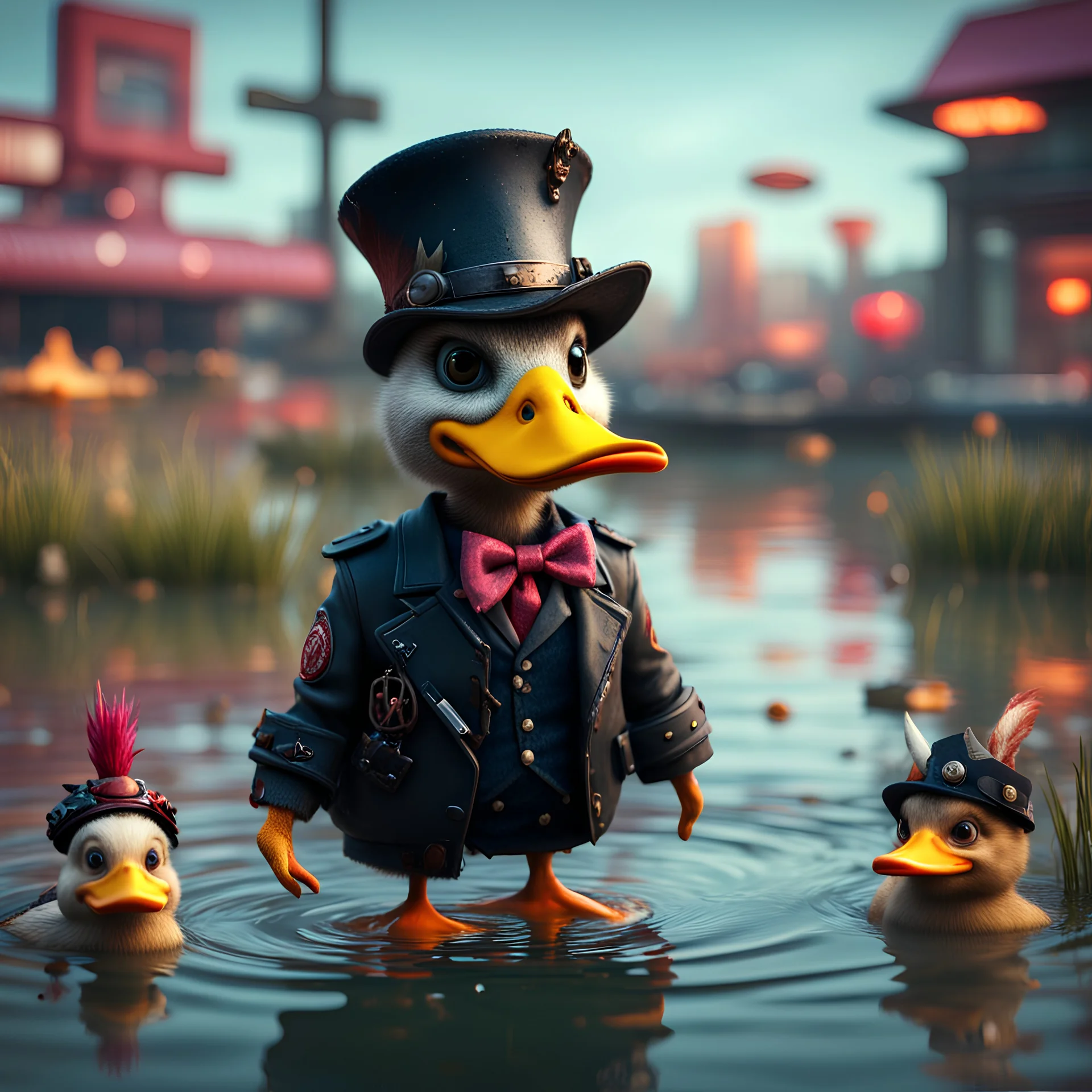 punk duck devil pimp with bitches in pond, in the style of a fallout 4,bokeh like f/0.8, tilt-shift lens 8k, high detail, smooth render, down-light, unreal engine, prize winning