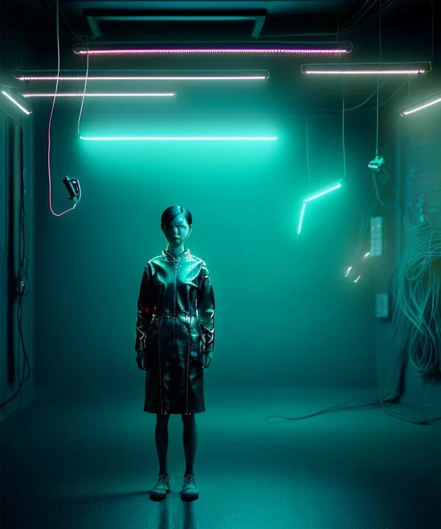 Ultra realistic photographic night portrait, cinematic, <Asian woman> many wires coming out of the head <garage> <wide angle>, hot, retro futuristic dress <Helmut newton photo style>, neon lights, color fog, soft color, highly detailed, unreal engine 5, ray tracing, RTX, lumen lighting, ultra detail, volumetric lighting, high definition.