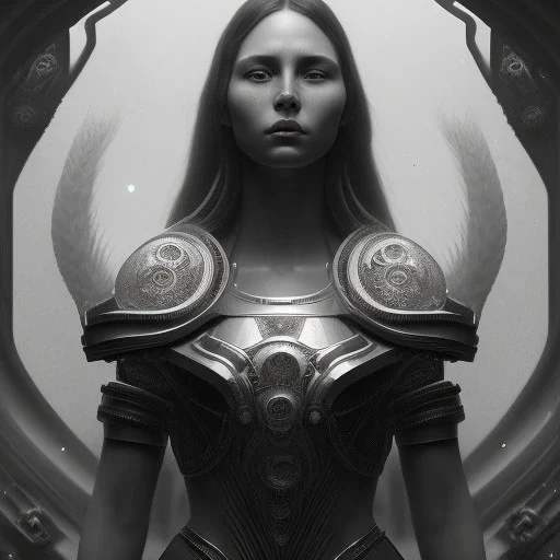 A black and white portrait of a women, long hair, upper body, head and shoulders portrait, 8k resolution concept art portrait by Greg Rutkowski, Artgerm, WLOP, Alphonse Mucha dynamic lighting hyperdetailed intricately detailed Splash art trending on Artstation triadic colors Unreal Engine 5 volumetric lighting