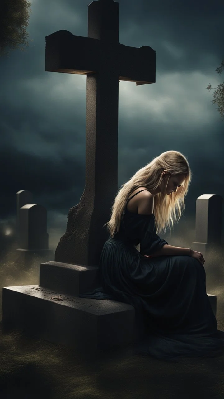 photorealistic hyperdetailed young woman with dirty blonde hair crying kneeling by a grave with a wooden cross dark fantasy