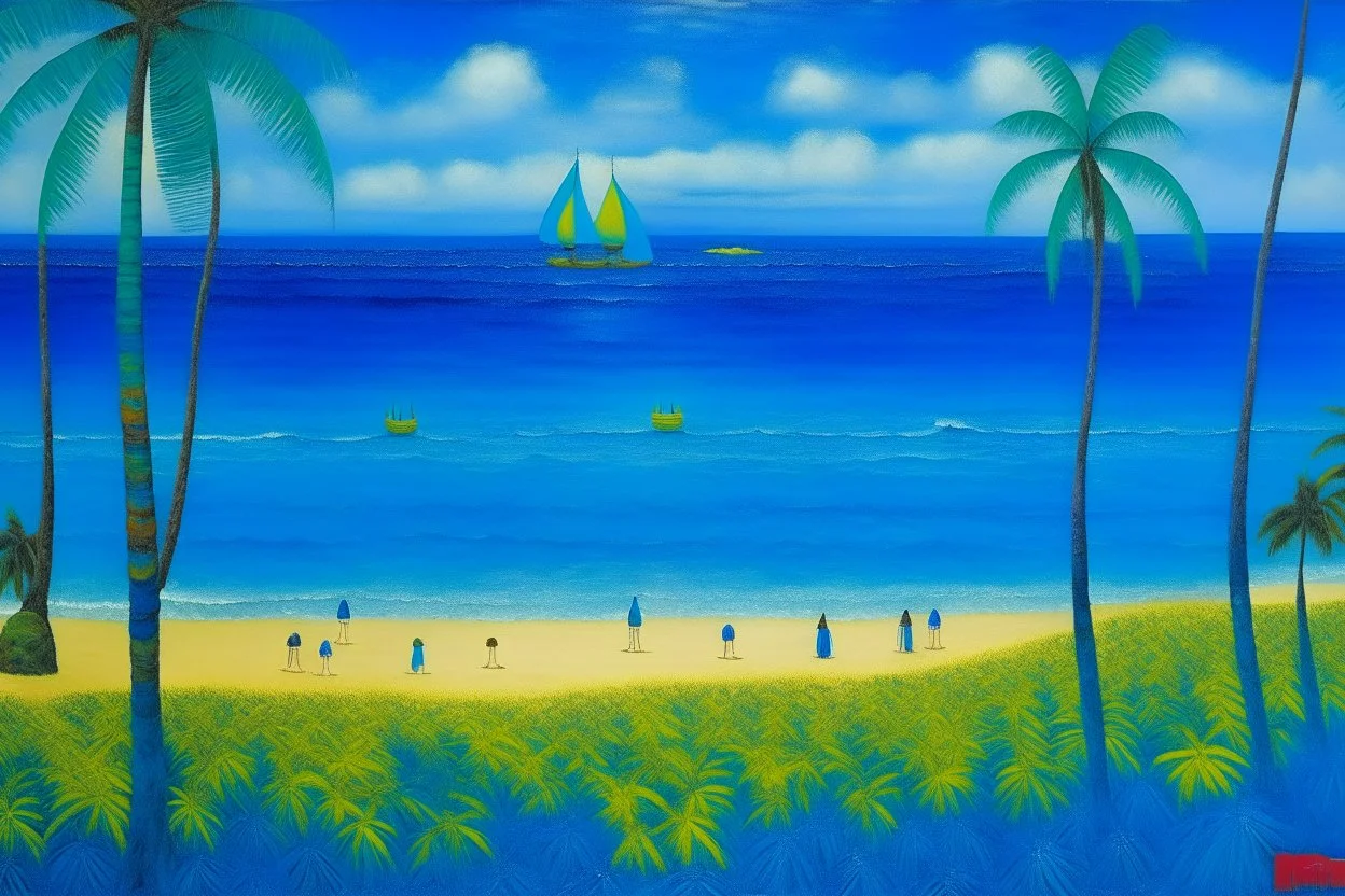 A blue beach with Hawaiian tikis painted by Georges Seurat