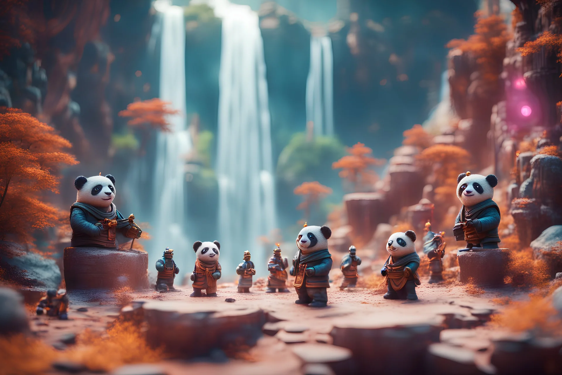 archeologists discovering space panda giant ninja people worshipping statues and idols, on a strange planet with weird colors and waterfalls, bokeh like f/0.8, tilt-shift lens 8k, high detail, smooth render, down-light, unreal engine, prize winning