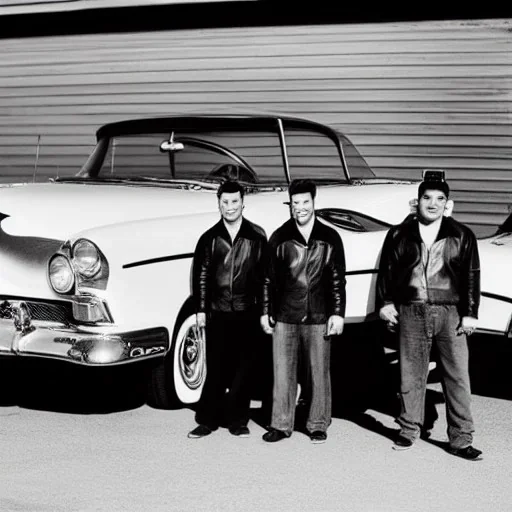 a 50s Greaser BAND standing in front of a hot rod