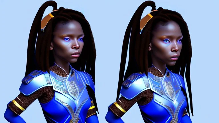 She's diminutive, with brown skin, short black dreadlocks hair. She has indigo blue eyes. She has a long blue cape over a white dress.