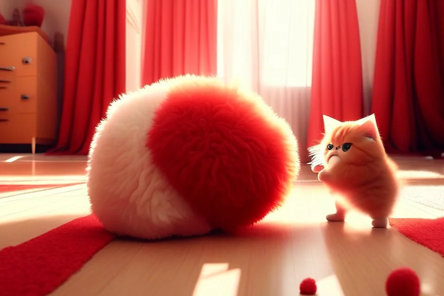 cute fluffy chibi beige cat playing with a giant plush red covid virus in a modern hall on a carpet in sunshine