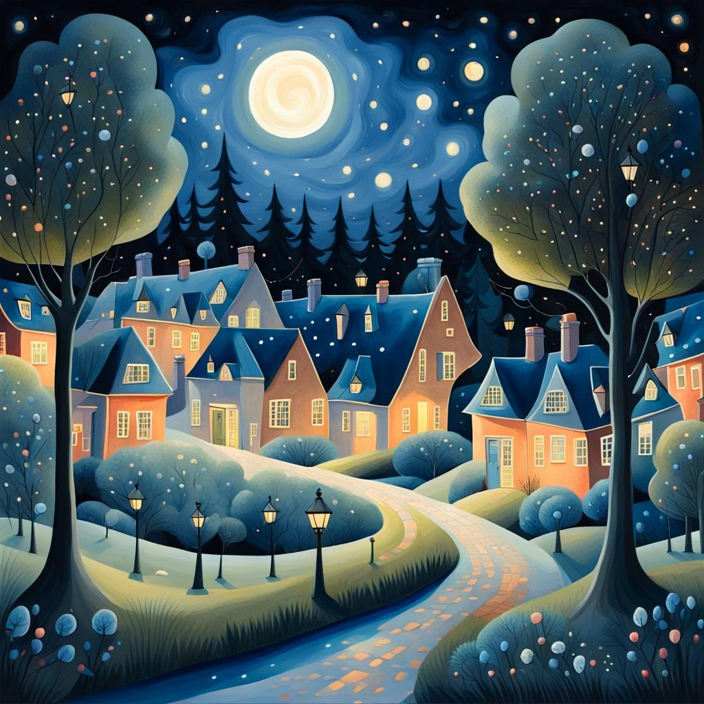 a painting of a night scene with houses and trees, a storybook illustration by Annabel Kidston, shutterstock contest winner, naive art, detailed painting, cityscape, storybook illustration