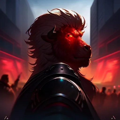 closeup face anthropomorphic bison sorcerer releasing a spell, relaxed, in the style of greg rutkowski cyberpunk red glowing light from inside, detailed, realistic, hight quality