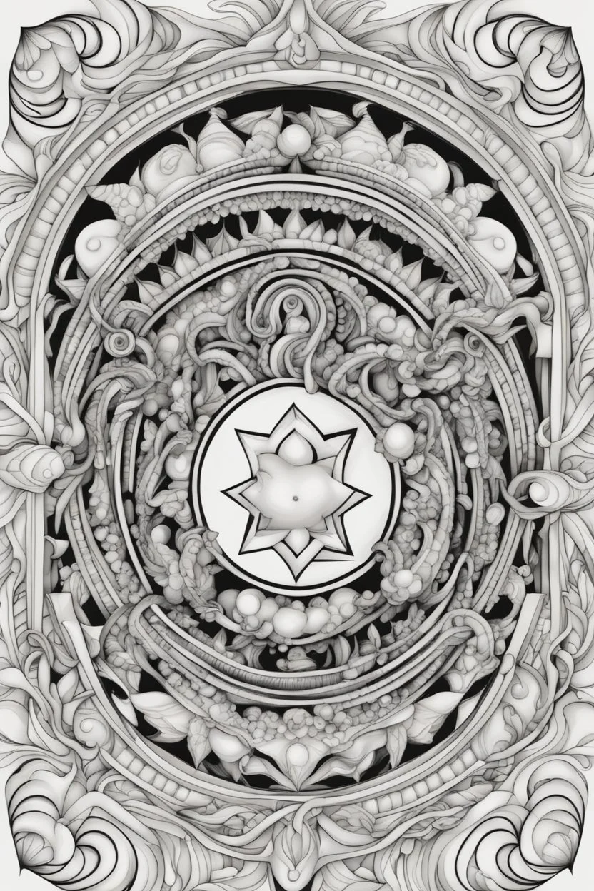 Mandala of Libra intertwined with Venus accents, illustrated in black and white with distinct, bold lines, suitable for an adult coloring book, contour, vector, clean line art, isolated on a white canvas