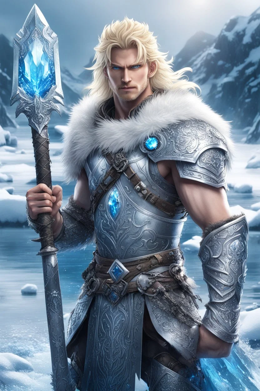 1 anime man. warrior, with blue eyes and blonde hair man in silver Viking armor with fur around the neck with blue crystal on his chest, standing in water in the artic, holding a ice axe, warrior in ,anime style