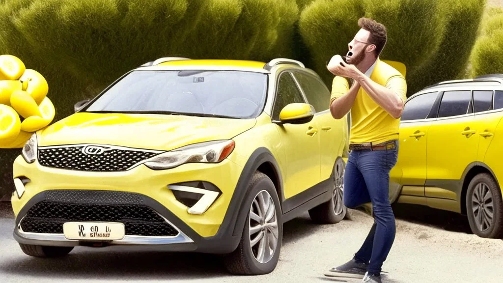 guy arguing on phone next to kia sportage covered with lemons