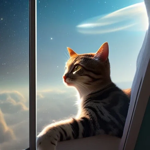 cat looking out of window at an astronaut, milkyway, hyper-realistic 8k resolution, high-quality, fine-detail, detailed matte, intricate, 3D octane render, illustration, digital art, brian froud, howard lyon, anna dittman, greg rutowski,