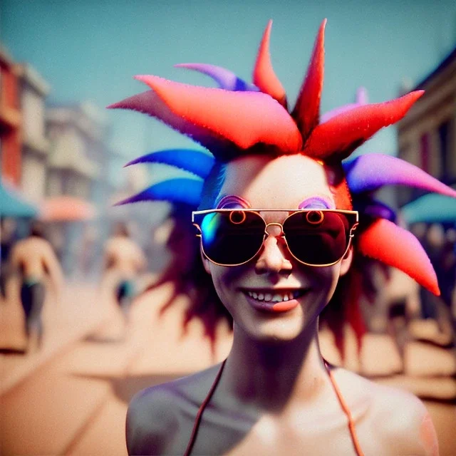 Ultra Realistic photo, medium shot view, drunken dancer bikini woman, carnival scene, monster hair, steampunk. Red hair, confeti, Sunglasses, smile, happy, festival. ovni, alien, gradient color fog. highly detailed, concept art, unreal engine 5, ray tracing, RTX, lumen lighting, ultra detail, volumetric lighting, 3d, finely drawn, high definition, high resolution.