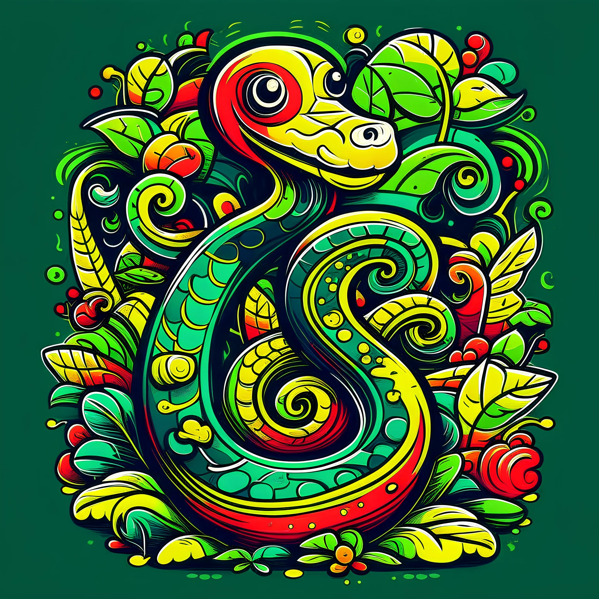 Design a fun Jungle Safari T-shirt for children in a way that the snake is in the form of a simple cartoon drawing for children. Use bright and fun colors 2D art