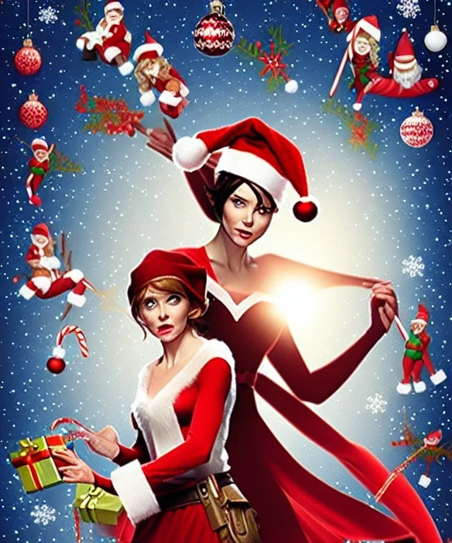 woman elve. Christmas scene. poster. marvel comic. low-key