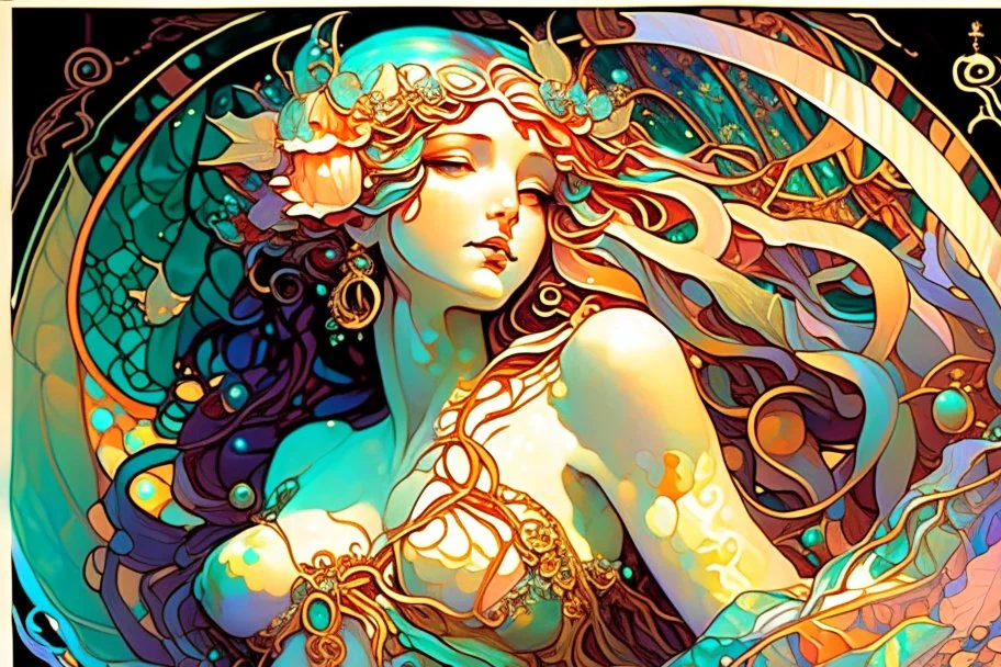 a beautiful mermaid with jewels elegant extremely detailed very attractive beautiful dynamic lighting colourful Alphonse Mucha