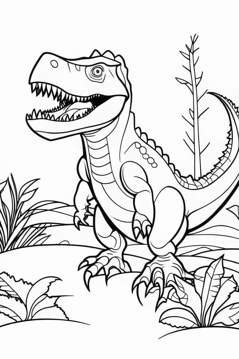 create a coloring page: Illustrate a T-Rex rubbing its scent glands against trees or rocks to mark its territory with pheromones. Kids can color the scene to show the T-Rex leaving scent trails. ink drawing clipart, simple line illustrations, colored