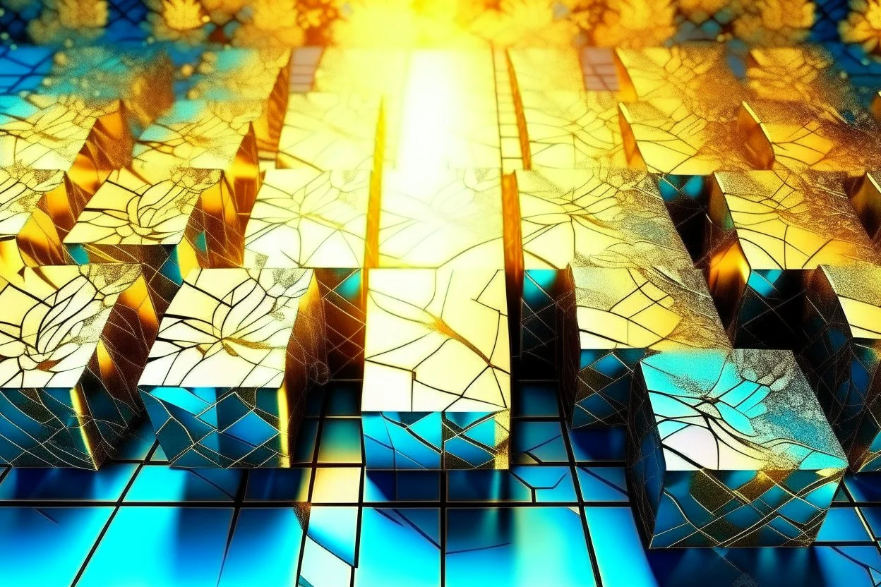 beautiful composition, symmetric pattern, Double exposure of cubes in which abstract flowers are, cracked holographic marble background, the cracks are golden S<AI in sunshine