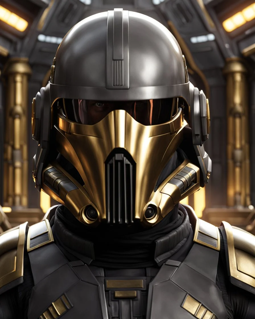 star wars bald male corellian pilot wearing pearlescent black and gunmetal grey First Order special forces heavy assault stealth commando armor and helmet with gold trim inside the jedi temple, hyperdetailed, dynamic lighting, hyperdetailed background, 8k resolution, volumetric lighting, light skin, fully symmetric details