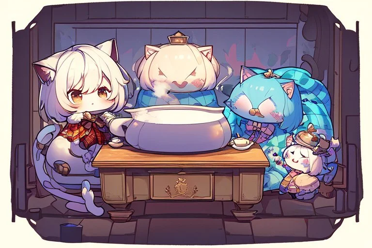 Pastel colors, cute fluffy chibi cat reads sitting in a big soft armchair, covered with a plaid blanket, a teapot and steaming tea on a small table next to her, in sunlight. The fire in the fireplace is blazing.