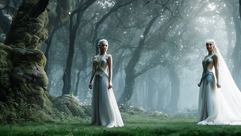 whole body image of beautiful Daenerys Targaryen in a mystical enchanted forest standing next to a dragon, HD 8K, sharp detail, hyperrealistic photo accurate face and features, cinematic lighting