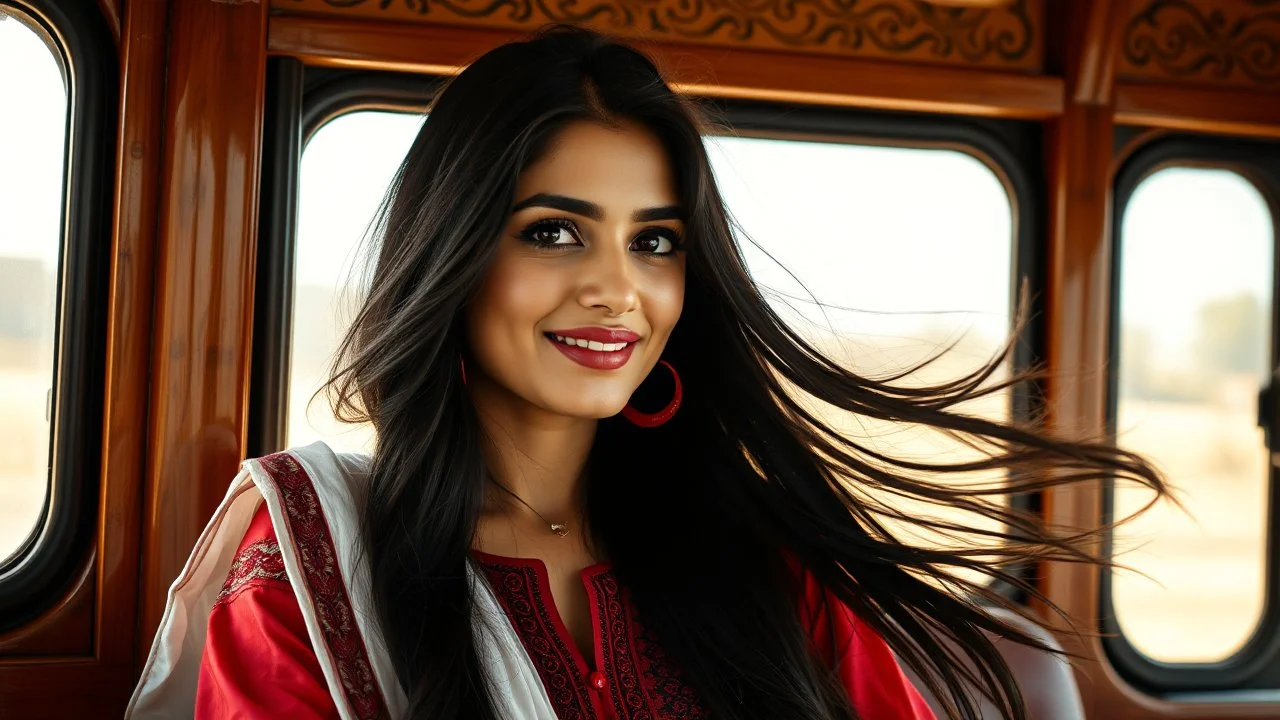 Hyper Realistic Photographic Close View Of A Beautiful Pakistani Pashto Young Woman Sitting Inside A Traditionally Crafted Pakistani Buss And Looking Outside From That Pakistani Buss's Window, Woman Is Smiling, Have Beautiful Eyes & Beautiful Long Black Hair Whirling From Outside Window (Wearing Red Dress With Maroon Embroidery & White Dupatta) At Beautiful Sunny Day Showing Dramatic And Cinematic Ambiance.