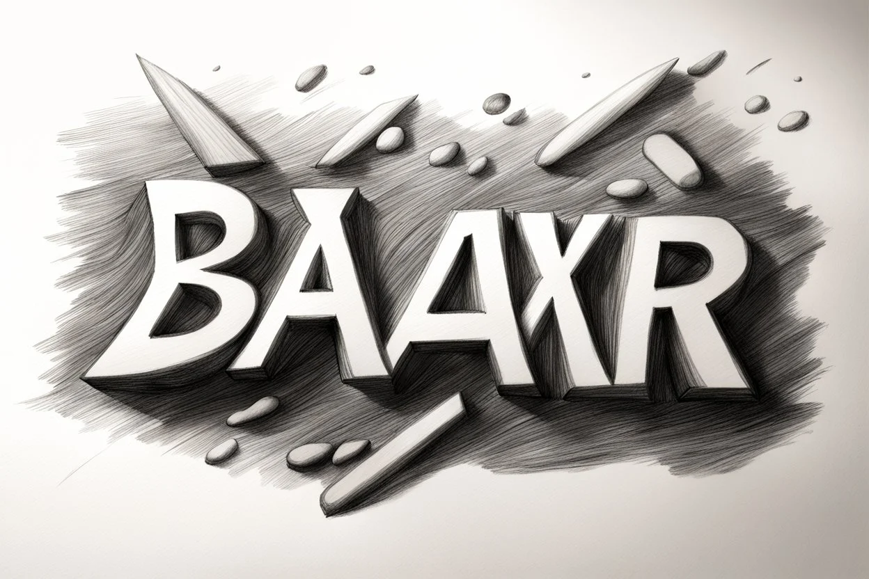 a drawing with sketch lead pencil, The word BAXER floating like a big sign, strong painting