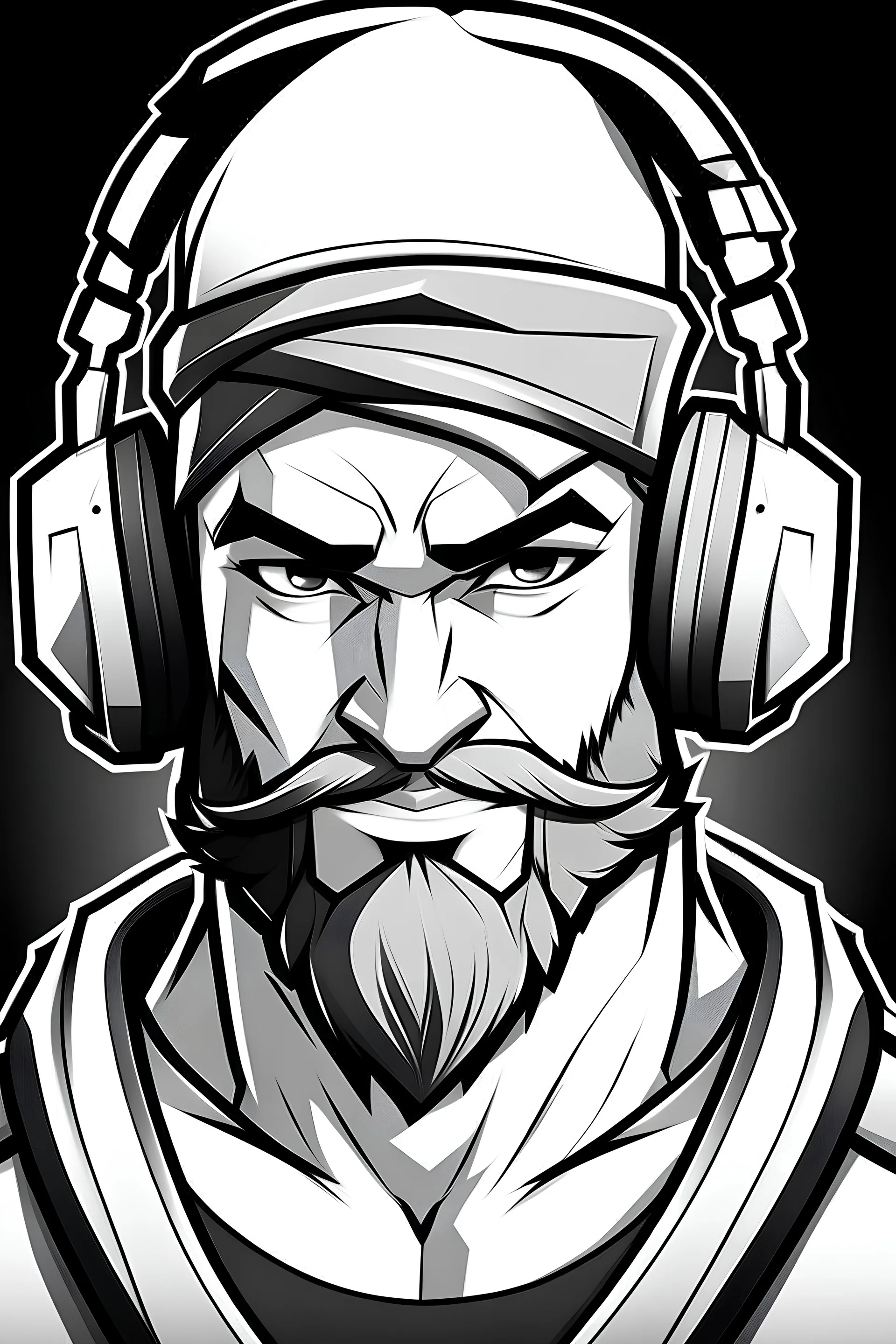 Generate an image of a character for the GamingGenius YouTube channel logo. The character should resemble the Gigachad meme figure, with a sharp jawline, muscular build, and wearing a headset. The character should exude confidence and strength. The color scheme should be black and white, reminiscent of the Gigachad aesthetic. The background should be blurry, with subtle gaming-related elements incorporated.